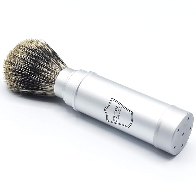 Parker Full Size Travel Shaving Brush with Pure Badger Bristles - Ingenious Design Stores the Brush Head in the Handle Making the Brush Compact for Travel