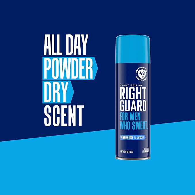 Right Guard Sport Powder Dry Scent Antiperspirant & Deodorant Spray - 4-in-1 Protection Spray Deodorant For Men, Blocks Sweat, 48-Hour Odor Protection, Quick-Drying, & Long-Lasting, 6oz