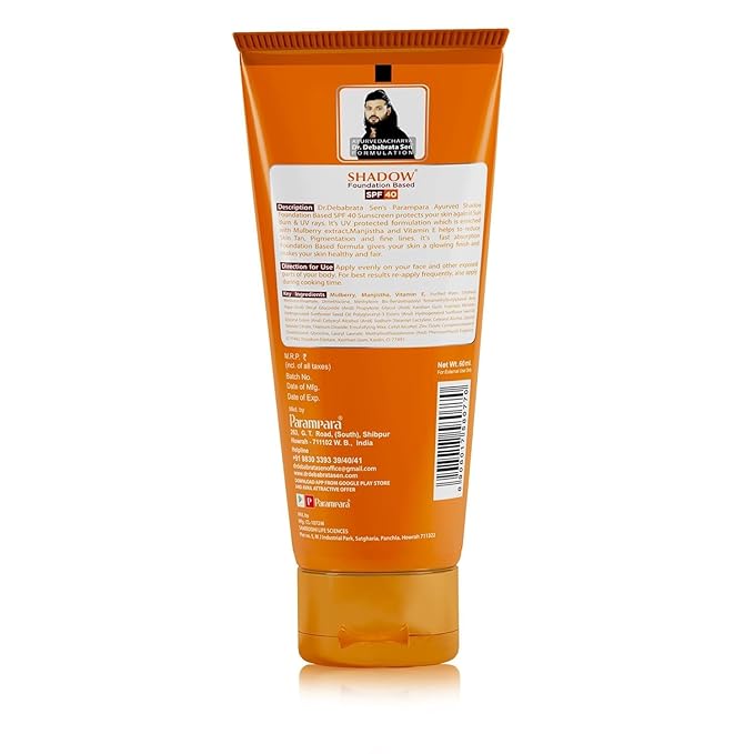 Ayurved Shadow Foundation Based SPF 40 PA+++ Sunscreen Cream | UVA UVB Protection for Face & Body | Water Resistant, Fast Absorbing, Non Greasy, Men & Women | 60ml