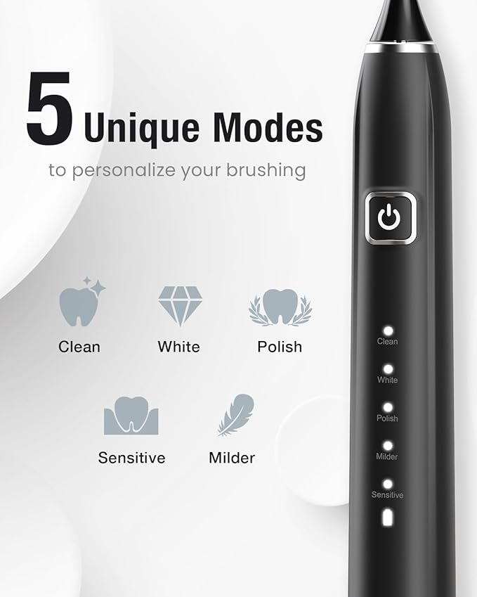 7AM2M Ultrasonic Electric Toothbrush with 6 Brush Heads for Adults&Kids, Type C Rechargeable, One Charge for 120 Days, 5 Modes&40000VPM Powered Toothbrush, 2 Minutes Built in Smart Timer (Black)