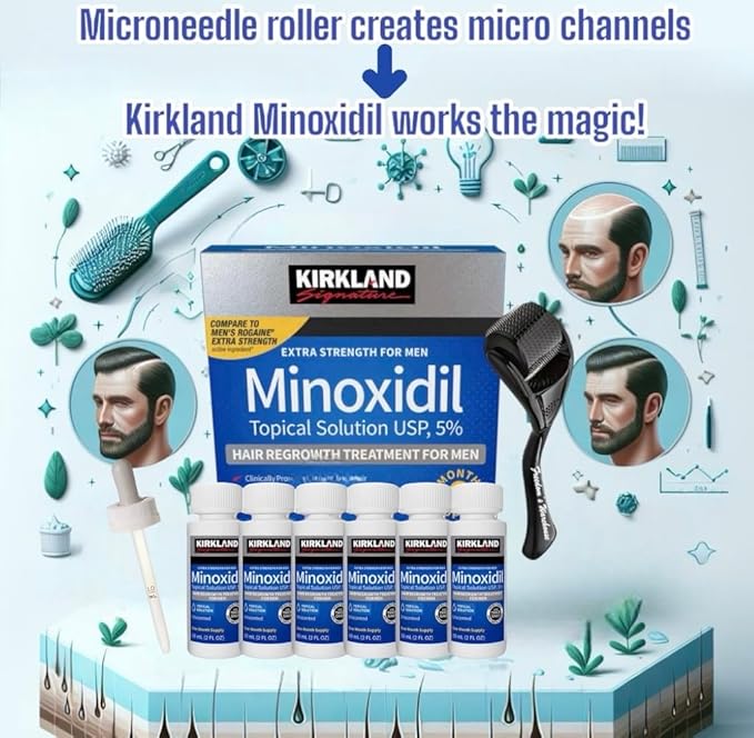 (6 Pack) Kirkland Minoxidil for Men Hair Regrowth Treatment, Liquid Extra Strength 5% Topical Solution, 6 Months Supply - Dropper Applicator and Microneedle Roller Included - Minoxidil Kirkland