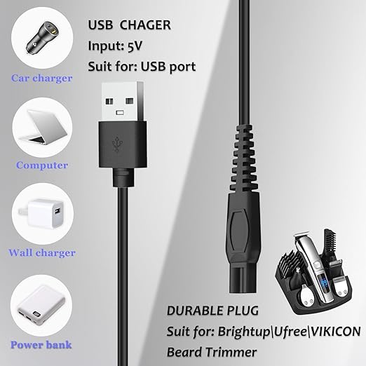 Cordro Charger Cable Compatible with Ufree/Brightup/VIKICON Beard Trimmer All-in-one Multifunctional Grooming kit Hair Clippers USB Cable