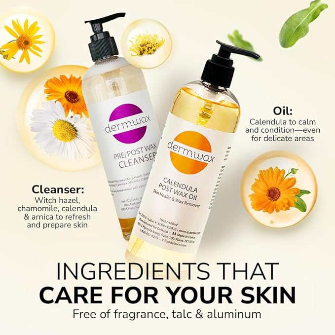Pre and Post Wax Care Kit – Complete Prep & Aftercare in One Set – Cleanser Removes Oils & Residue – Calendula Oil Calms & Nourishes Skin – Gentle, Paraben-Free Formulas