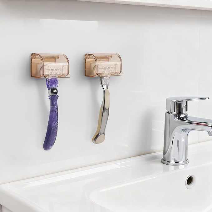 LUEXBOX 2 Pack Razor Holder with Cover for Shower Wall, Self Adhesive Razor Stand Shaver Organizer, Plastic Razor Hanger Hooks Compatible with Fusion 5 Proglide, Mach 3 Classic (Clear Brown)