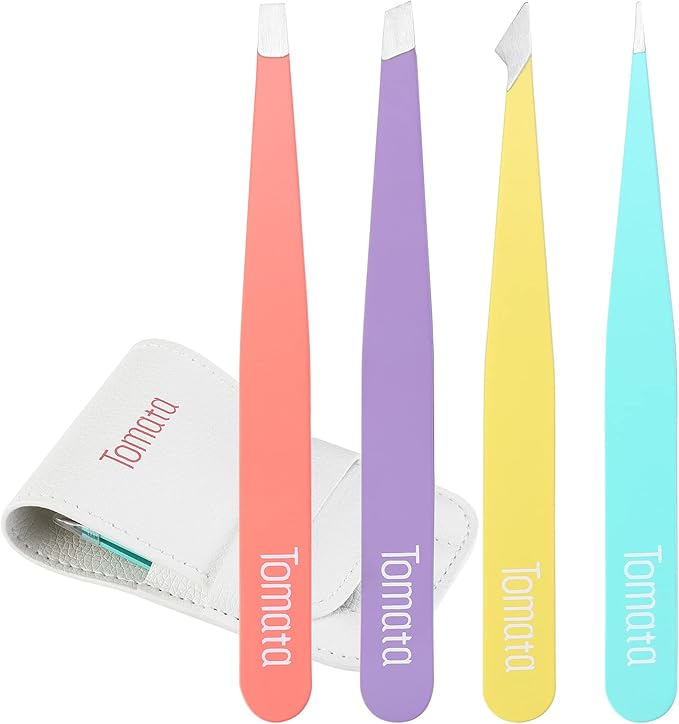 Tweezers for Eyebrows, Slant Tip and Pointed Eyebrow Tweezer Set Great Precision for Eyebrows Facial Hair, Ingrown Hair, Splinter, Blackhead and Tick Remover (4-piece) (Multi-color)