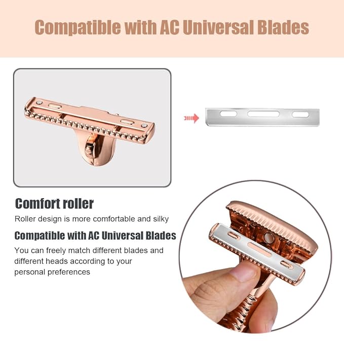Single Blade Razors for Men and Women, Reusable Modular Safety Razor with Magnetic Head and Metal Non-Slip Grip, 10 Single Edge Razor Blades & Leather Case,Rose Gold Whiskers