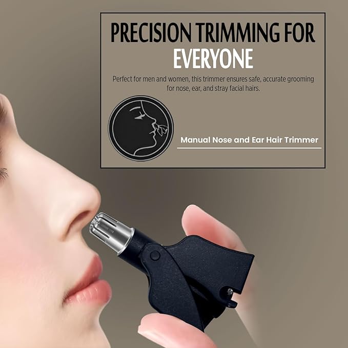 Stainless Steel Hair Trimmer for Men and Women | Manual Nose and Ear Hair Trimmer | Nose Clippers, 360° Rotating Hair Trimmers | Washable Nose Hair Remover | Gray