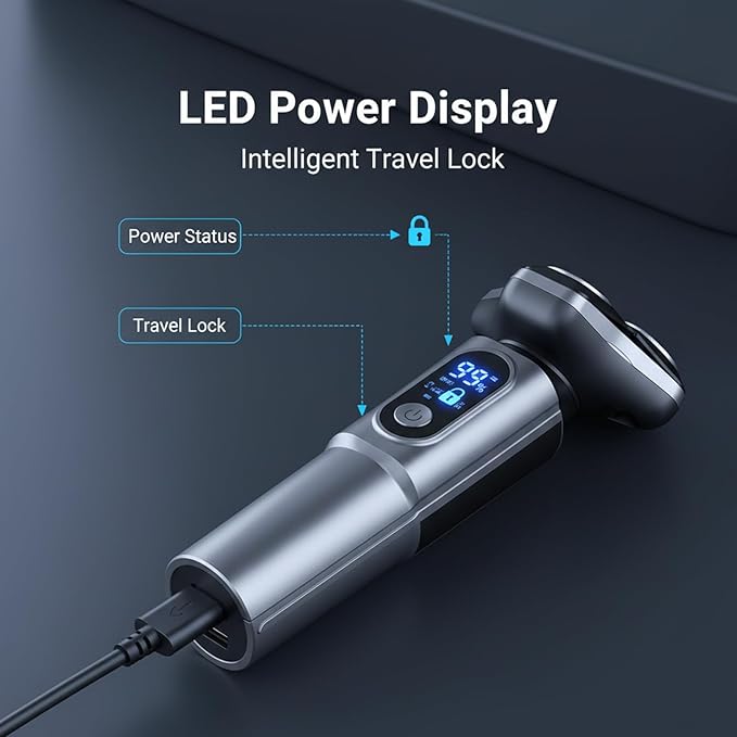 Electric Razor for Men.Wet/Dry Rotary Shaver Waterproof - USB Fast Charging & Sensitive Skin Care. 3-Blade Rotary Shaving System.LED Display, Travel LockGray