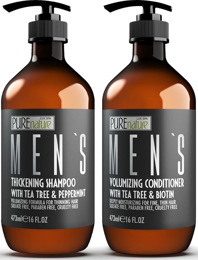 Mens Shampoo and Conditioner Set - Sulfate Free Strengthening and Thickening Formula for Fuller Hair - Helps with Thinning Hair - Formulated for Men - 16 Fl Oz (Set of 2)