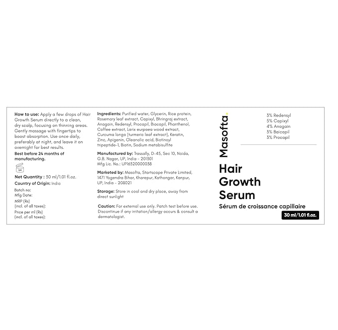 Hair Growth Serum For Density, Hair fall Control with 3% Redensyl, 5% Capixyl, 4% Anagain, 3% Procapil & 3% Baicapil, Rosemary & Biotin For Both Men & Women, 1.01 fl.oz./30ML