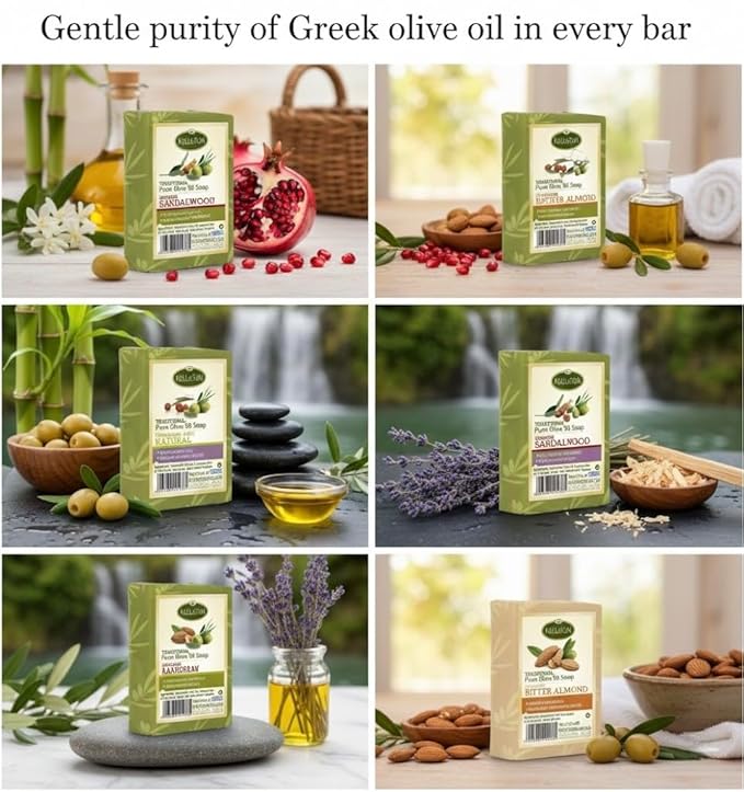 Kalliston, French Lavender Soap Bar with Olive oil, All Skin Types, Nouishing and Moisturising, Bamboo Soap Dish Tray Included, Made in Greece, Pack of 3+1