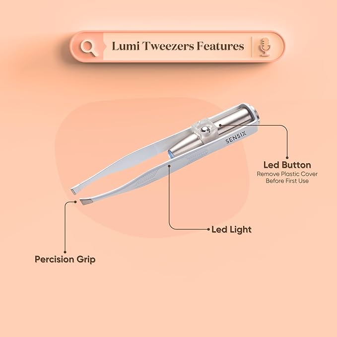 Sensica Lighted Tweezers for Women Facial Hair – LED Light Up Tweezers for Precision Eyebrow Plucking – Slant Tip Stainless Steel Tweezer with Long Arms & 3 Extra Batteries – Facial Hair Removal Tool