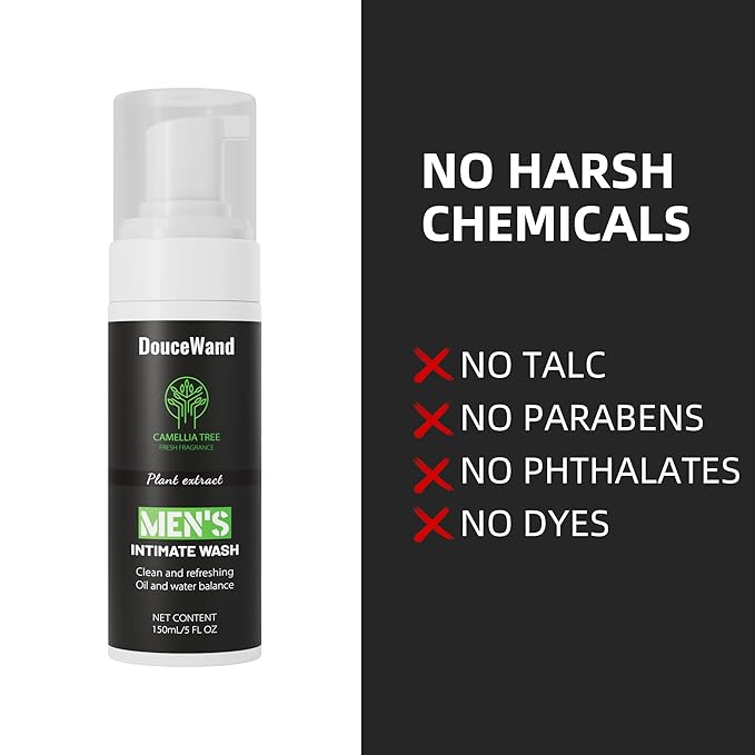 Men's Intimate Wash - Foaming Groin Cleanser for Daily Hygiene & Odor Control - Enriched with Tea Tree Oil, Aloe & Camellia Extract - pH Balanced, Refreshing Body Wash for Athletes - 5 Fl Oz