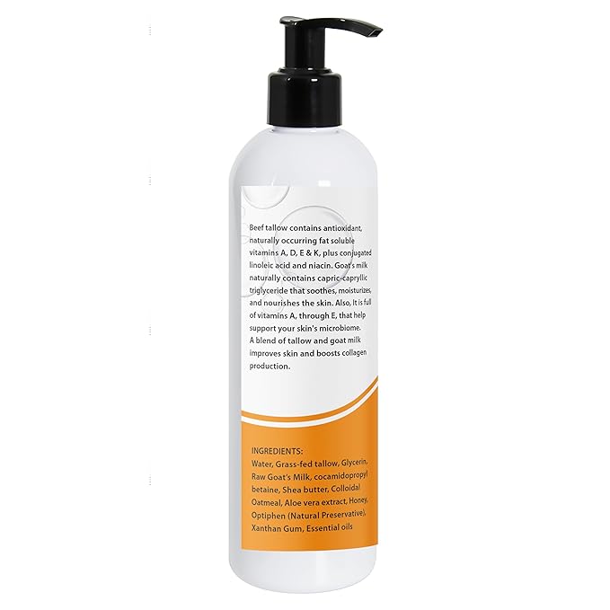 Tallow & Goat Milk Body Wash, handmade unscented body soap Moisturizing and Cleansing wash for All Skin Types 12 oz (Fragrance free)