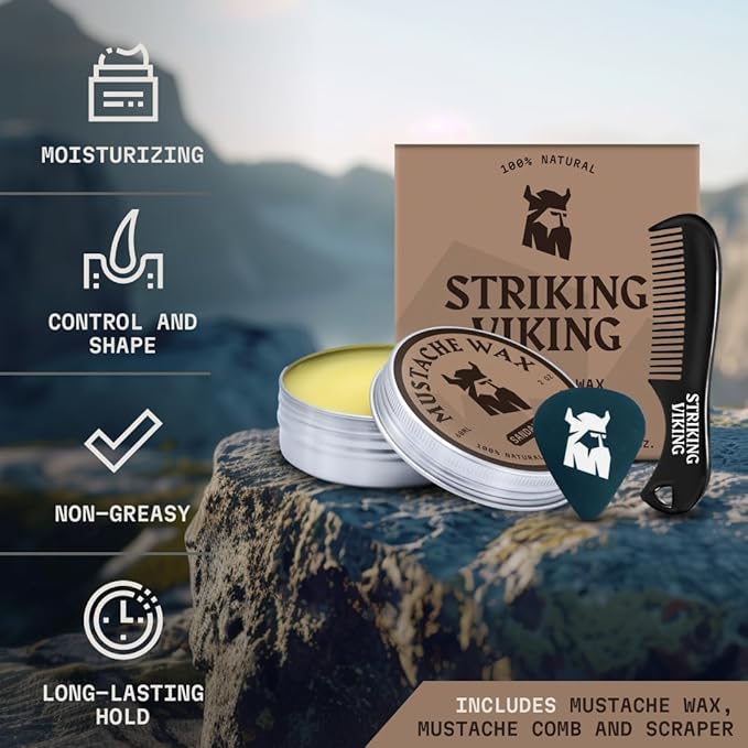 Striking Viking Mustache Wax for Men with Comb - 2 oz, Sandalwood - Strong Hold Wax with Anti-Static Mustache Comb for Precise Grooming - Non-Greasy Formula for Easy Beard Care