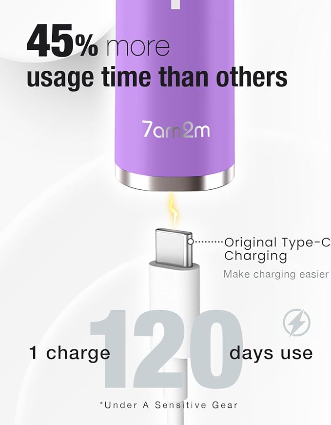 7AM2M Ultrasonic Electric Toothbrush with 6 Brush Heads for Adults&Kids, Type C Rehargeable, One Charge for 120 Days, 5 Modes&40000VPM Powered Toothbrush, 2 Minutes Built in Smart Timer (Purple)