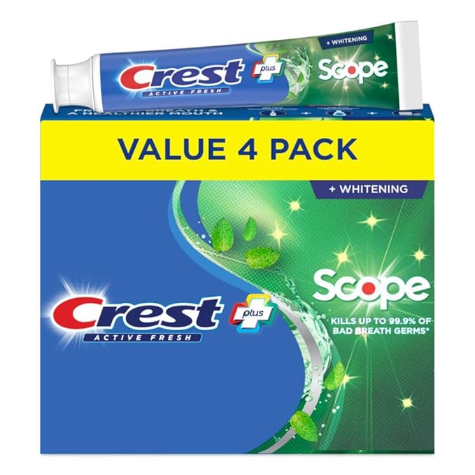 Crest Whitening Plus Scope, Complete Active Fresh + Whitening Toothpaste, 5.5oz, Toothpaste Sensitive Teeth, Pack of 4