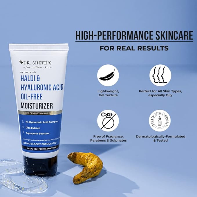 Dr. Sheth's Oil-Free Moisturizer with Hyaluronic Acid & Turmeric | Rehydrates Dull Skin, Enhances Texture, Softens & Calms | Lightweight, Non-Greasy | 1.76 Oz (50g)