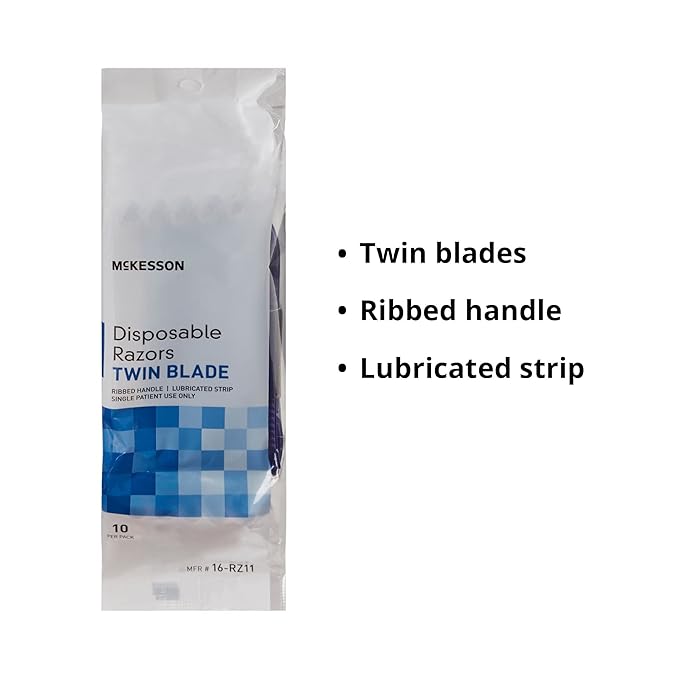 McKesson Disposable Razors, Stainless Steel Twin Blade, Lubricated Strip, Ribbed Handle, Blue, 10 Count, 12 Packs, 120 Total