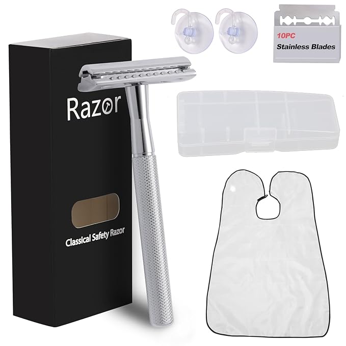 Double Edge Razor, Safety Razor With 10 Premium Stainless Steel Reusable Blades And a Beard Bib,Transparent Packaging Box Single Blade Razors For Men and Women, Smooth Shave Experience,Silver