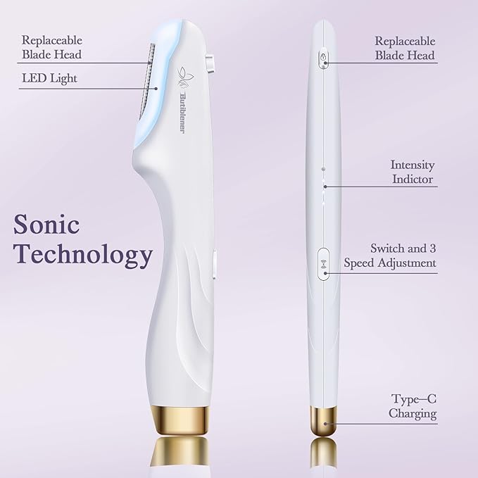 Dermaplane Razor for Women Face,Sonic Dermaplane,Sonic Dermaplaning Tool,Face Shaver Facial Hair Removal & Peach Fuzz Romover - 12 Blades (White blades accessories)
