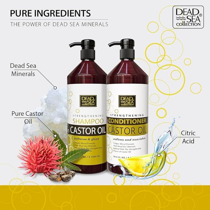 Dead Sea Collection Shampoo and Conditioner Set for Strengthening and Volume - Pure Dead Sea Minerals and Castor Oil – Professional Hair Care - Repair and Shine - Pack of 2 (33.8 & 30.6 Fl. Oz)