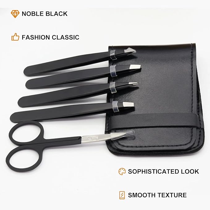 SetSail 5-Piece Premium Set Matte Black Stainless Steel Eyebrow Tweezers Kit with 4 Precision Tips (Slant/Pointed/Flat/Rounded) & Sharp Grooming Scissors for Facial Hair Removal & Splinter Extraction