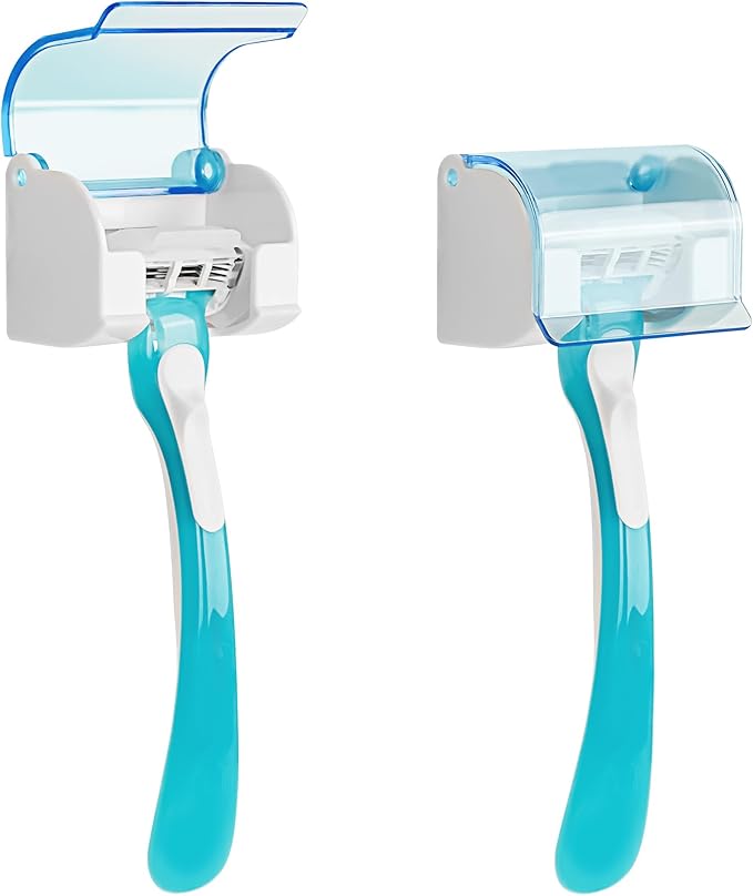 LUEXBOX 2 Pack Razor Holder with Cover for Shower Wall, Self Adhesive Razor Stand Shaver Organizer, Plastic Razor Hanger Hooks Compatible with Fusion 5 Proglide, Mach 3 Classic (Clear Blue)