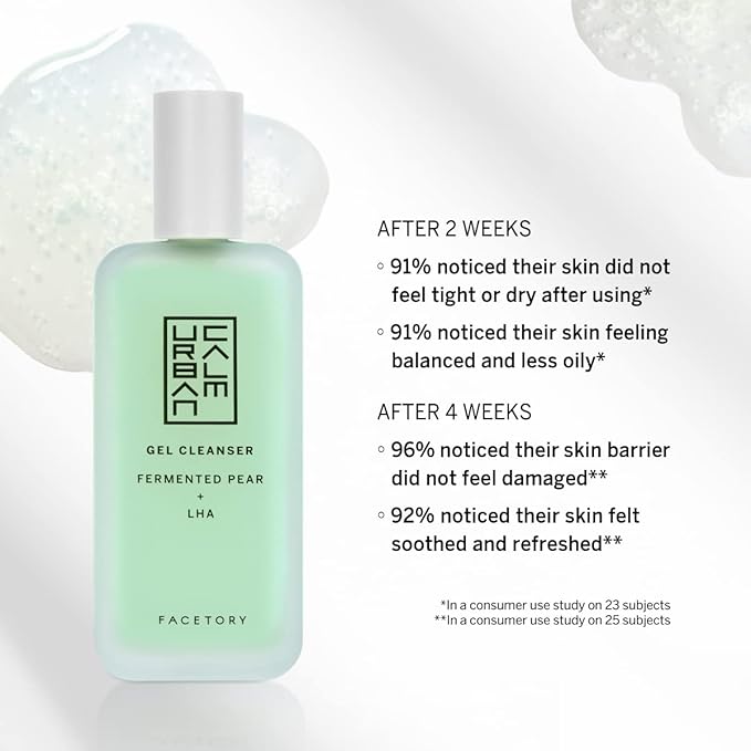 FACETORY Urban Calm Hydrating Face Wash for Women, Gentle Gel Facial Cleanser with Fermented Pear & LHA, Sensitive Skin Face Wash & Daily Makeup Remover for Oily, Dry & Combination Skin - 4 Fl Oz