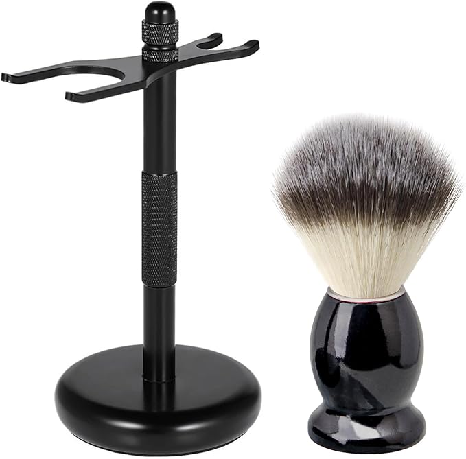 Safety Razor and Brush Stand Holder with Synthetic Hair Shaving Brush with Solid Wood Handle Prolong The Life of Your Shaving Brush