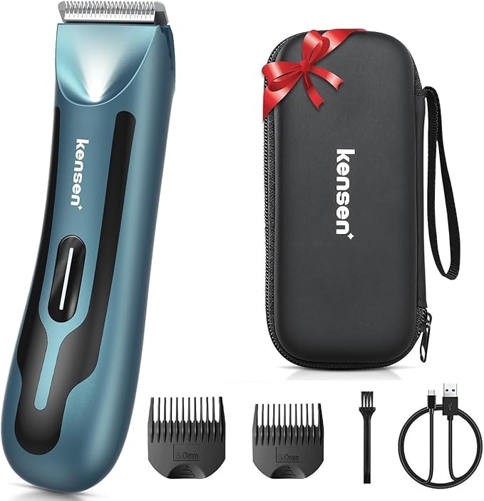 kensen Body Hair Trimmer for Men - Manscape Groin & Pubic Hair Trimmer for Men, Christmas Gift Mens Body Shaver with LED Light Travel Case IPX7 Waterproof Wet Dry Use Rechargeable Ball Shavers (Blue)