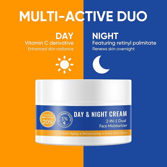 Day & Night Facial Moisturizer, 20% Vitamin C Cream and 1% Retinol Cream for Face Daily Face Moisturizer for Women Men, 2 in 1 Hydrating Facial Lotion for Anti aging Wrinkle Even Skin Tone