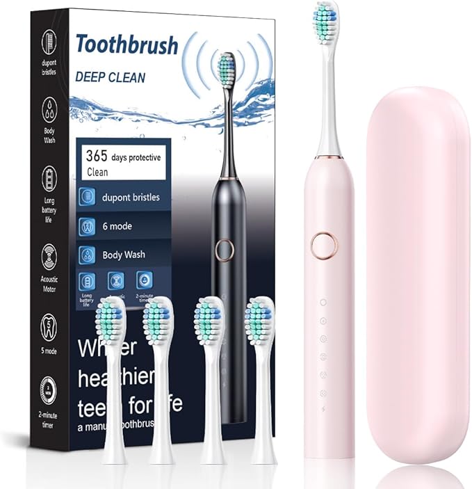 Electric Toothbrush for Adults Soft Bristled Household Toothbrushes 6 Modes, 4 Brush Heads, 2 Min Timer, IPX7 Waterproof, USB Rechargeable with Travel Case, Deep Clean for Sensitive Gums (Pink)