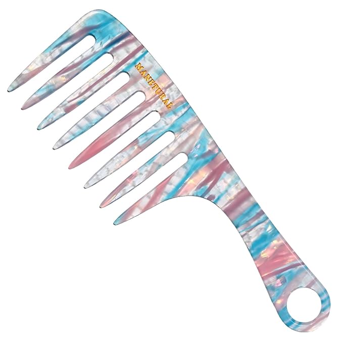 D1 | Wide Tooth Handle comb for Curly Hair| Elevates, Preserves Curl, Eliminates frizz| Acetate comb(Blue Pink)