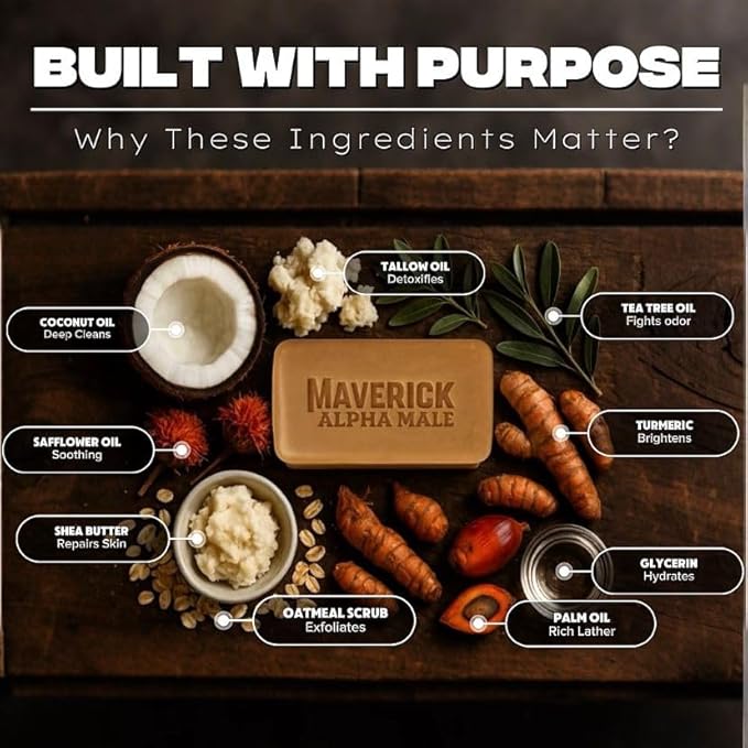 Maverick Alpha Male Soap & Health Brand Mystic Spice Fragrance Tallow Soap for Men – Deep Clean Bar with Coconut oil, Tea Tree oil, Safflower oil, Turmeric & light Oatmeal scrub