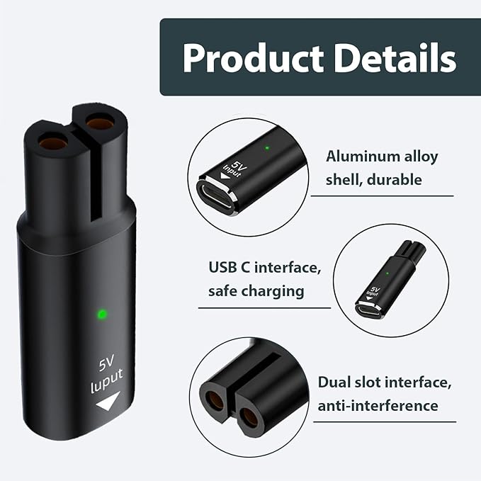 2 PCS 5V USB C Shaver Charger Adapter Compatible with Philips Norelco OneBlade QP2724 QP2834 QP4530 QP1924 QP1324 MG7910 MG9510 S5880 X3001 X5006 Series, Portable Type-C Shaver Charger Plug for Travel