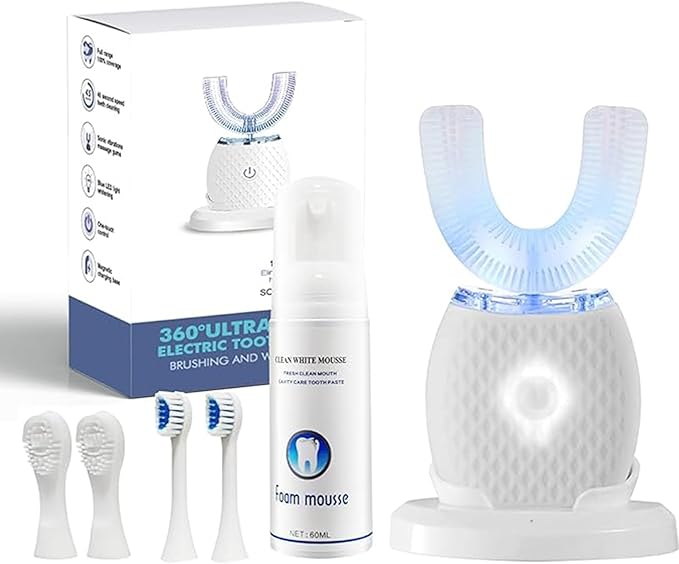 U-Shaped Toothbrush for Adults, All-in-One Foam Mousse & Ultrasonic Clean, Hands-Free with 4 Brush Heads, Blue LED Light, Advanced Charging Base (White)