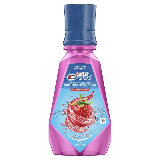 Crest Kid's Anti Cavity Fluoride Mouthwash, Alcohol Free, Strawberry Rush, 500 mL (16.9 fl oz), Pack of 4