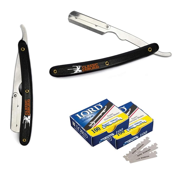 Stainless Steel Professional Barber Folding Straight Edge Razor Shavette Men's Shaving Kit with 200 Count Lord Single Edge Razor Blades (Black)