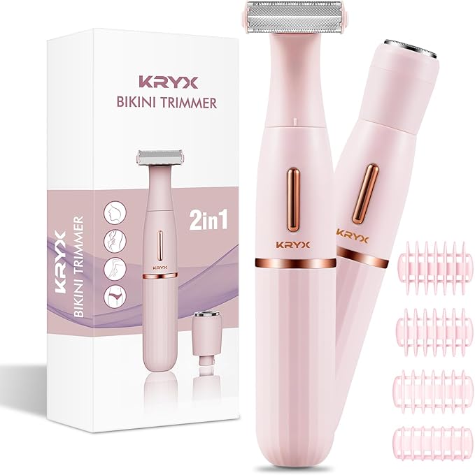 Bikini Trimmer for Women KRYX Pivoting Electric Razors for Women Painless Facial Hair Removal Electric Shaver Waterproof Pubic Hair Trimmer Bikini Shaver for Legs Body Ladies Gifts Pink