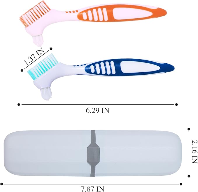 2Pcs Denture Brush False Teeth Toothbrush with 1 White Carrying Case, Effective Denture Cleaning Brush with Multi-Layered Soft Bristles,Orange and Blue