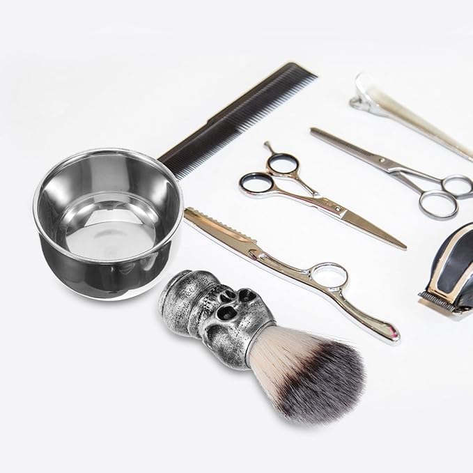 Shaving Bowl and Brush Kit, Skull Design Shaving Bowl Wide Mouth Shaving Kit Stainless Steel Beard Brush Shaving Tools For Men Women