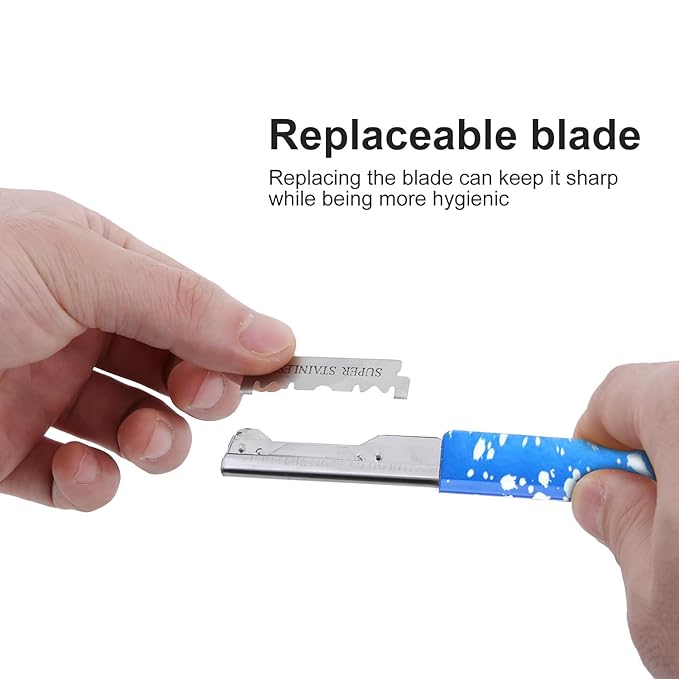 Professional Straight Razor Holder for Barbers – Folding Shaving Razor Handle, Stainless Steel Blade Compatible, for Barber Shop & Home Grooming (Blue)
