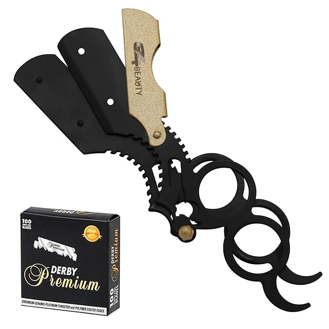 G4 Vision Universal Replaceable Half Blade Straight Razor with 100 Blades, Professional Double Ring Barber Single Edge Shave Razor (Black Gold)