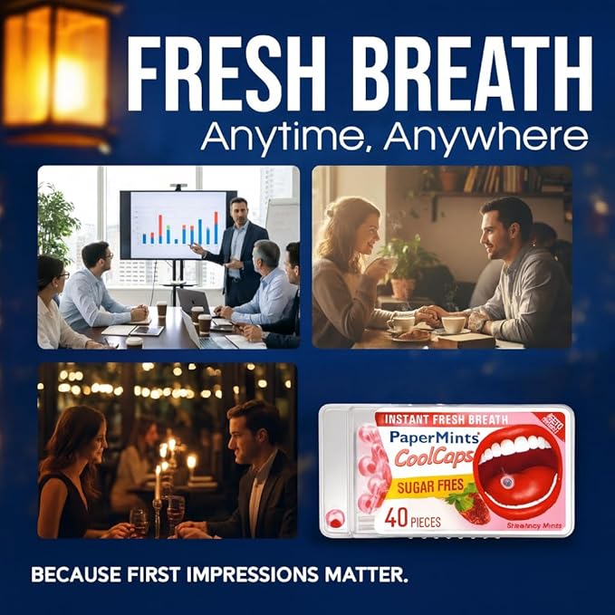PaperMints CoolCaps - Instant Fresh Breath Mints Sugar-Free 4 Pack - 160 capsules. Extreme Bad Breath Treatment for Adults, Breath Freshener Pearls for Halitosis Treatment Keto-Friendly Strawberry