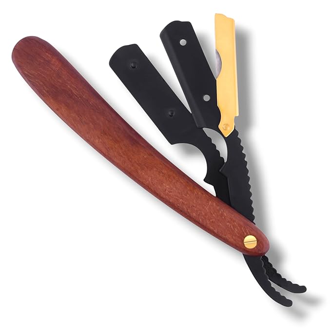 SIZZO Professional Straight Shaving Razor for Men (Black Gold - Wooden Handle)