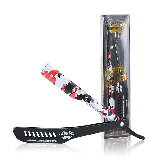 Professional Straight Razor Holder for Barbers – Folding Shaving Razor Handle, Stainless Steel Blade Compatible, for Barber Shop & Home Grooming (Black Red)