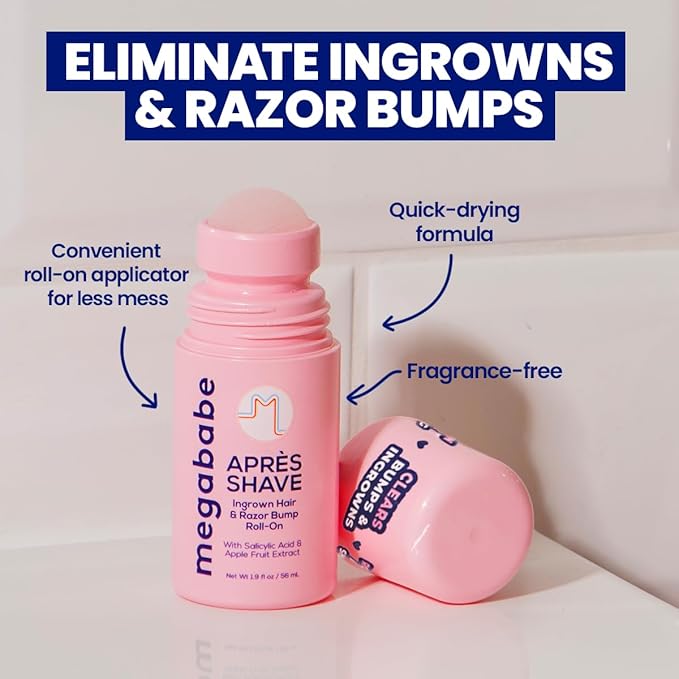 Megababe Après Shave | Post-Shave & Waxing | Ingrown Hair & Razor Bump Roll-On Treatment for Women | Bikini, Armpits & Legs (1.7 fl oz)