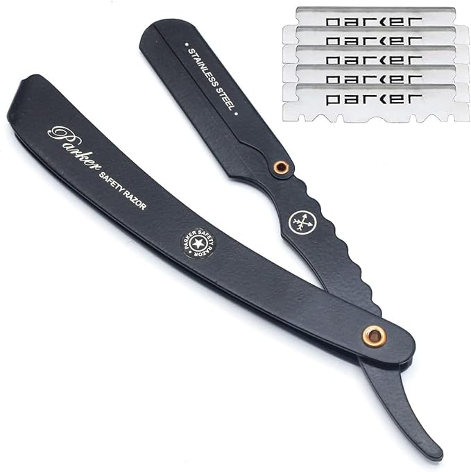 Parker SRXBLK Professional Stainless Steel Clip‑Style Barber Razor – Heavy‑Duty Black Finish with 5 Refill Blades, Ergonomic Weight for Barbers & Straight Razor Shaving Enthusiasts
