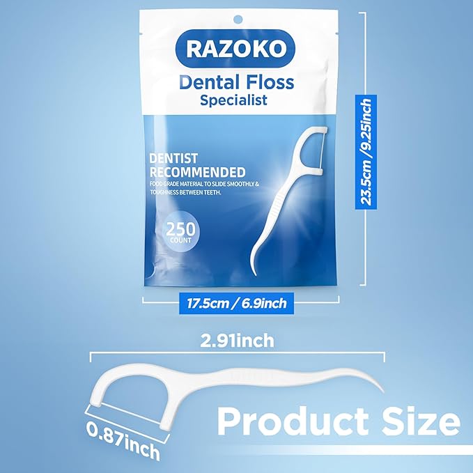 RAZOKO Dental Floss Picks 500 Count, Unflavored Disposable Flossers, High-Tension Shred-Resistant Flossers for Teeth & Gum Cleaning, PTFE & PFAS Free, Portable Oral Care Tool for Home & Travel